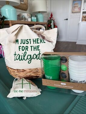 Mud Pie Cream Canvas Tailgate Tote with Green Lettering and Game Set